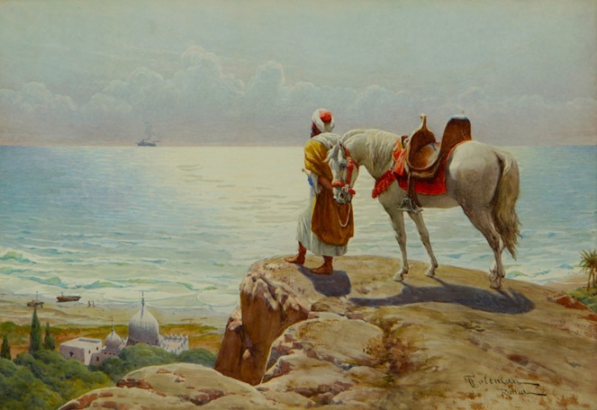 Francesco Coleman - Un Arabo e il suo cavallo guardano il mare acquerello c. 1883 The Knol Collection